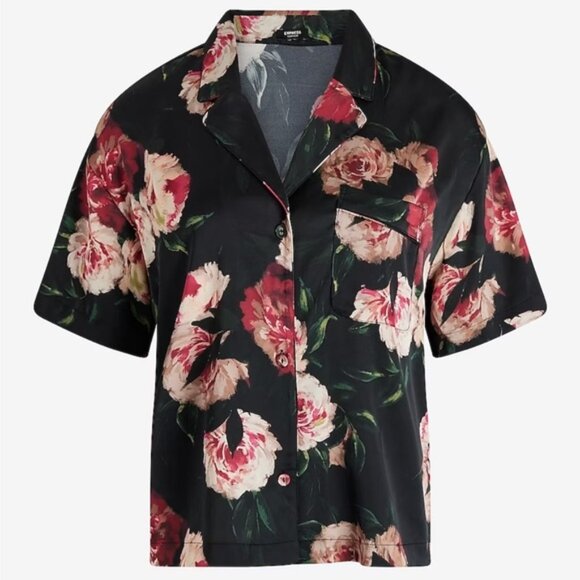 🆕 NWT Express Satin Pajama Set, Size Medium, Floral on Black - Picture 6 of 7